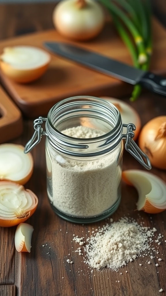 A jar of homemade onion powder with whole and sliced onions on a wooden table.